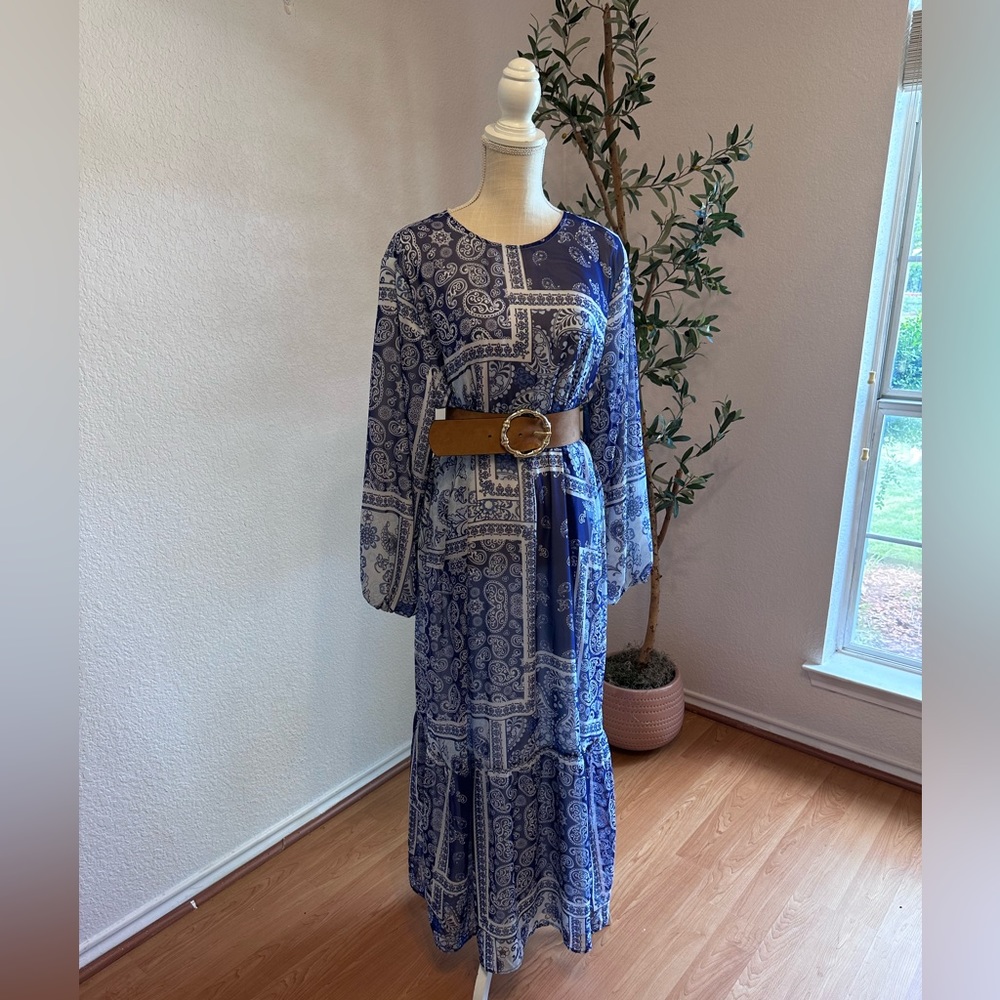 Royal blue bandana long sleeve maxi dress NWTS ✨ size large length 57”